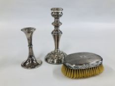 2 SILVER CANDLE STICKS AND SILVER BACKED BRUSH BEARING BIRMINGHAM ASSAY (CANDLESTICK H 13CM.
