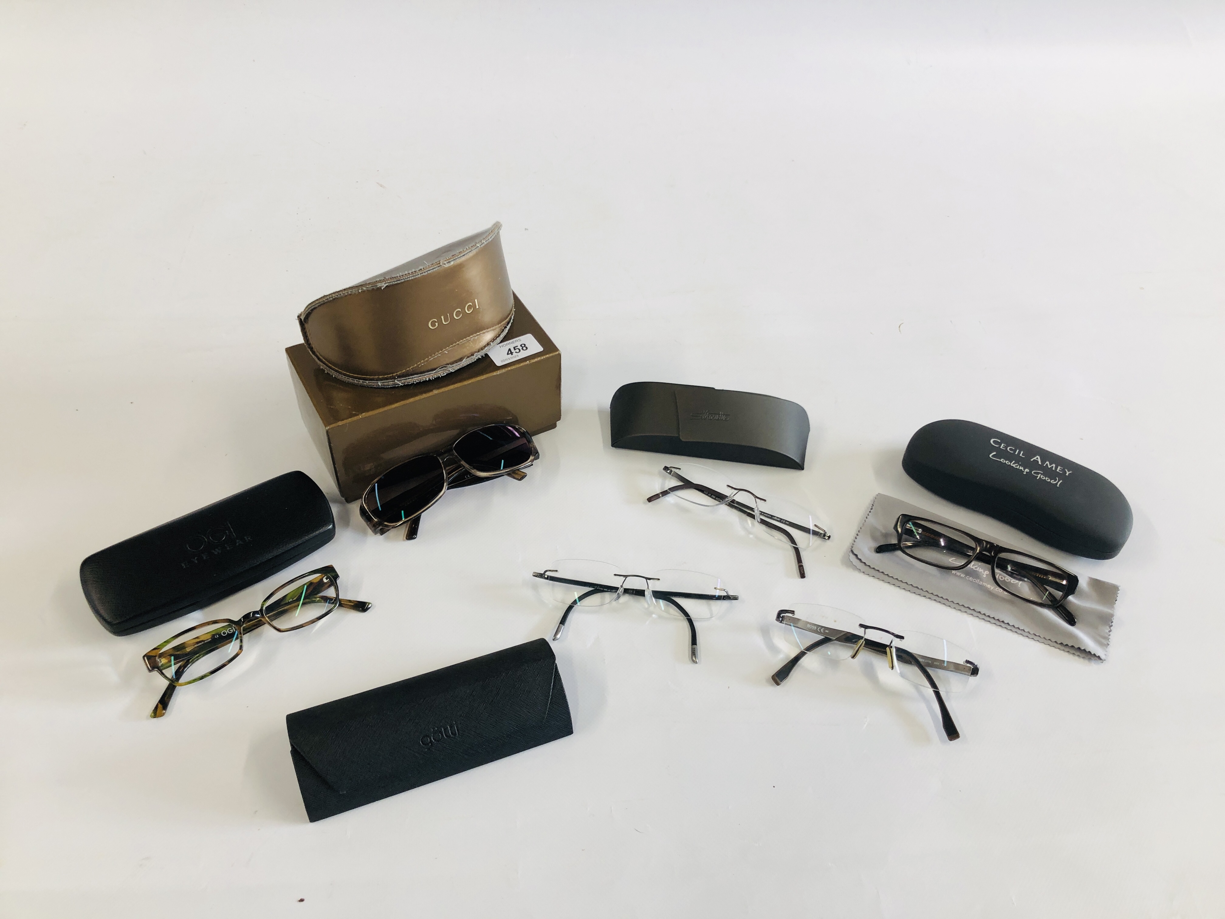 6 PAIRS OF DESIGNER FRAMED PRESCRIPTION READING GLASSES TO INCLUDE GUCCI, HUGO BOSS, SILHOUETTE.