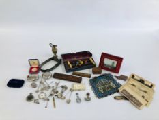 BOX OF VINTAGE COLLECTIBLES TO INCLUDE VINTAGE LEATHER DOG COLLAR, BUSSEY'S TABLE CROQUET,