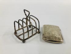 A SILVER TOAST RACK, SHEFFIELD 1898, A SILVER ENGRAVED CIGARETTE CASE BY J.GLOSTER, BIRMINGHAM 1922.
