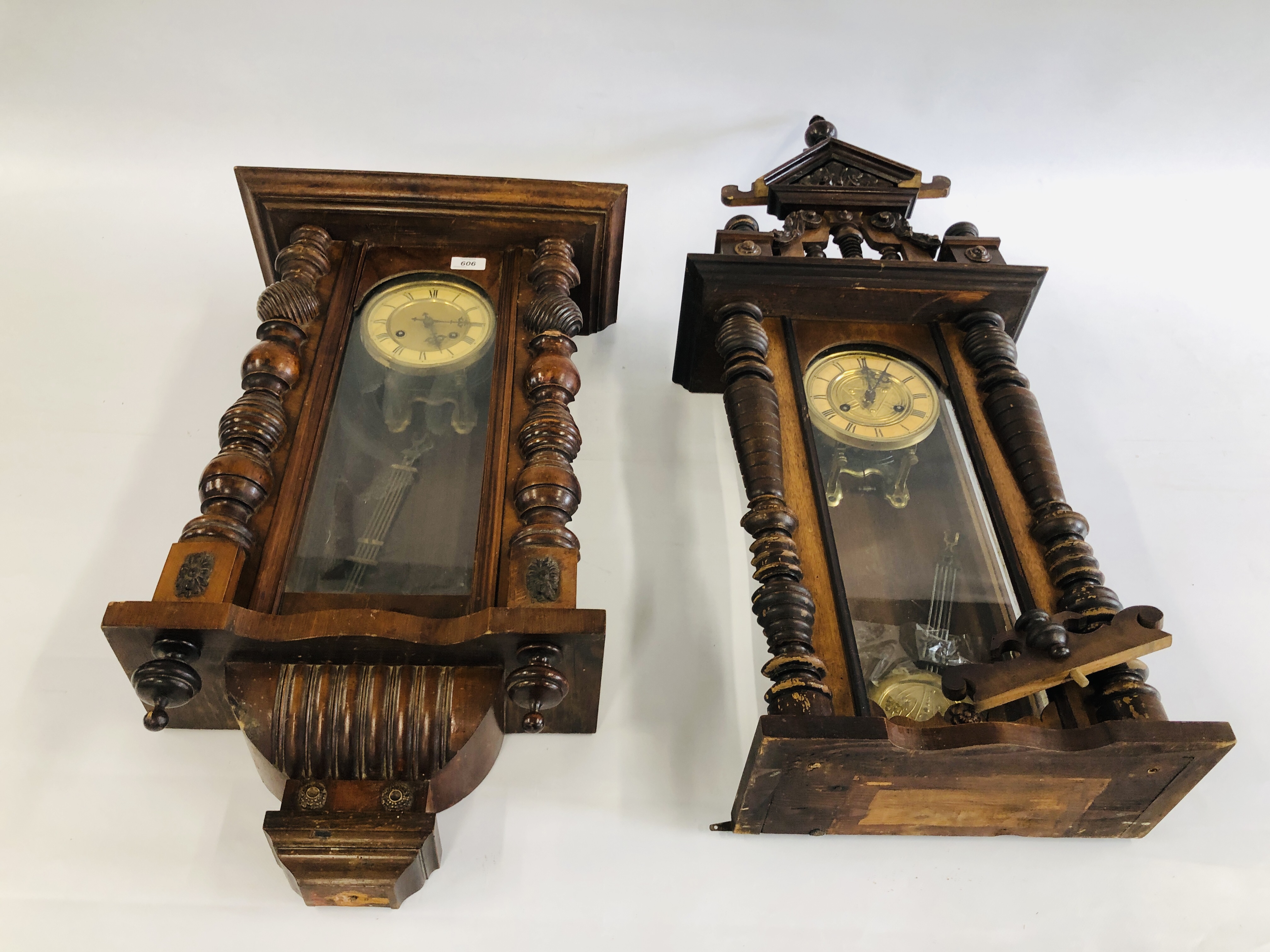 2 MAHOGANY CASED VIENNA WALL CLOCKS A/F.