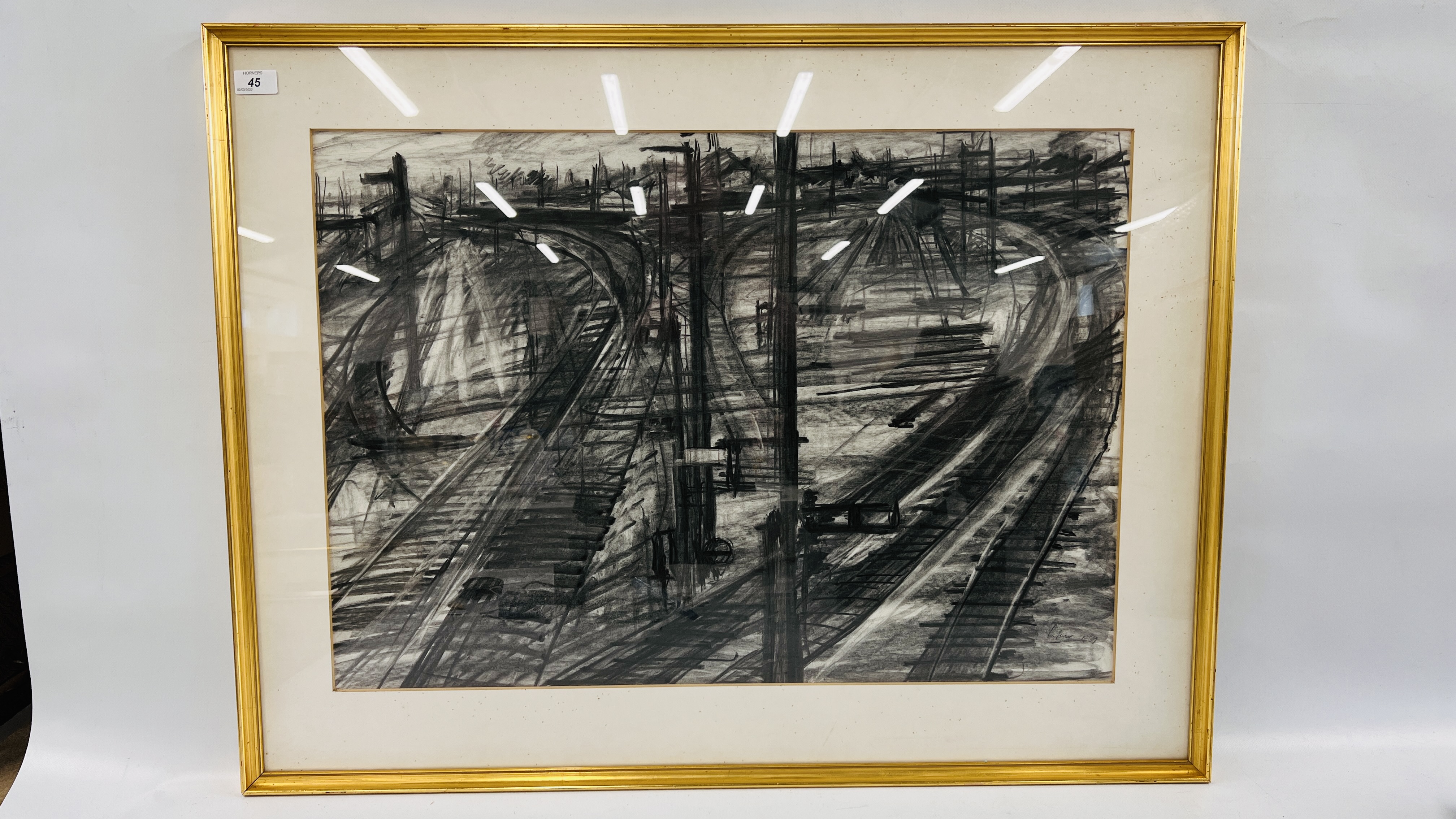 GEOFFREY LEFEVER: RAILWAY TRACKS, CHARCOAL 53 X 76CM.