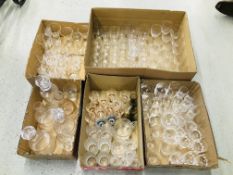 FIVE BOXES OF ASSORTED GOOD QUALITY DRINKING GLASSES TO INCLUDE CUT GLASS,