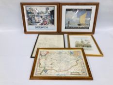A PAIR OF FRAMED ADVERTISING PRINTS "NORWICH" AND "THE BROADS" ALONG WITH A FRAMED MAP OF "HUNDRED