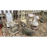 COLLECTION OF STONEWORK GARDEN FEATURES TO INCLUDE GOOSE, BOX WITH BOOK, BIRD BATH ETC.