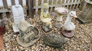 COLLECTION OF STONEWORK GARDEN FEATURES TO INCLUDE GOOSE, BOX WITH BOOK, BIRD BATH ETC.