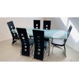 A DESIGNER EXTENDING GLASS AND CHROME DINING SET COMPRISING DINING TABLE AND SIX DINING CHAIRS.