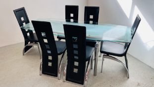 A DESIGNER EXTENDING GLASS AND CHROME DINING SET COMPRISING DINING TABLE AND SIX DINING CHAIRS.