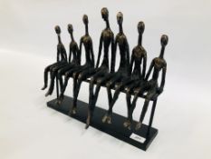 A MODERN RESIN, BRONZED FINISH FRIENDSHIP BENCH SCULPTURE 39CM W X 34CM H.