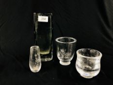 A GROUP OF FOUR ORREFORS VASES TO INCLUDE A CONTEMPORARY EXAMPLE AND ONE ETCHED WITH A PAIR OF LOVE