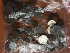TIN OF MIXED COINS, SORTED INTO BAGS, £5 CROWNS (2), 1951 CROWN ETC.