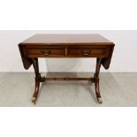 A REPRODUCTION YEW WOOD TWO DRAWER SOFA TABLE.