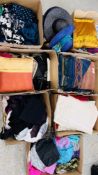 7 BOXES OF ASSORTED HOUSEHOLD LINEN AND CLOTHING TO INCLUDE VARIOUS HANDBAGS AND HAT SAND A LARGE