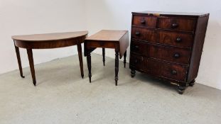 A FIVE DRAWER BOW FRONT CHEST FOR RESTORATION ALONG WITH A MAHOGANY D END TABLE AND MAHOGANY