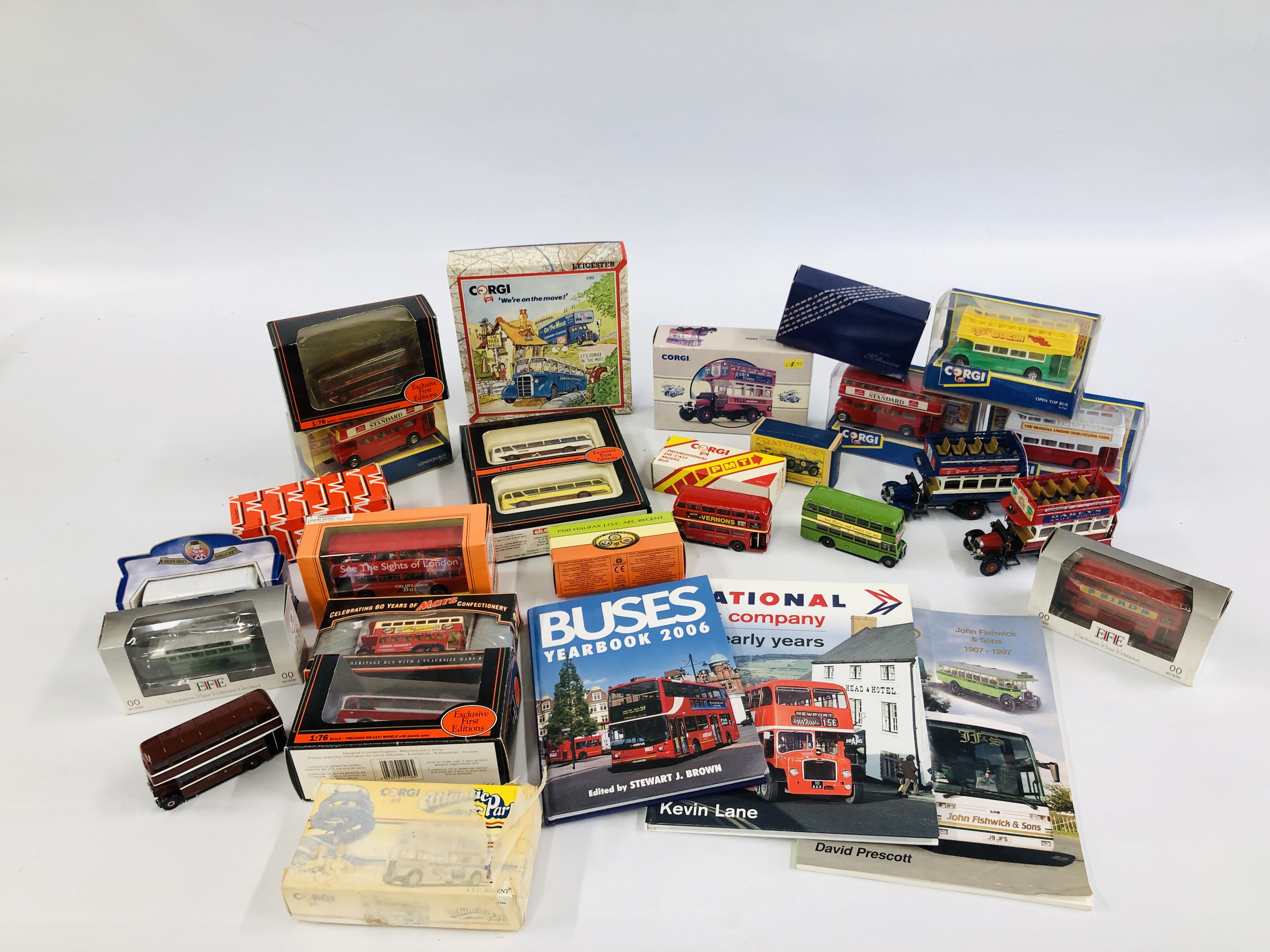 TWO FRUIT BOXES OF MIXED DIECAST BUSSES AND COACHES TO INCLUDE CORGI, MANY BEING BOXED.