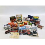 TWO FRUIT BOXES OF MIXED DIECAST BUSSES AND COACHES TO INCLUDE CORGI, MANY BEING BOXED.