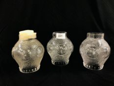 A GROUP OF THREE GLASS ARTS AND CRAFTS STYLE EXAMPLES, POSSIBLY SHADES H 12.5CM.