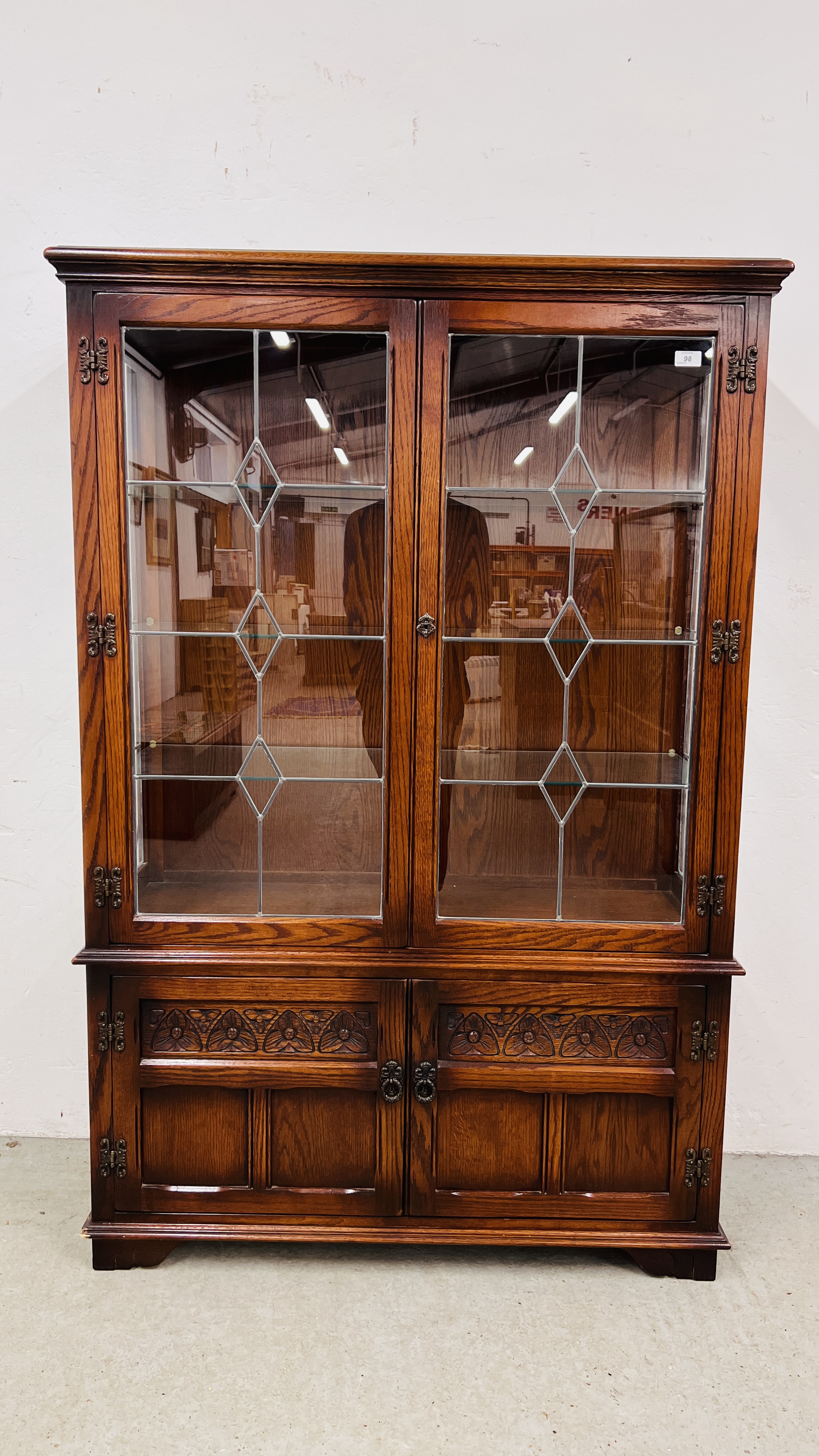 OLD CHARM DISPLAY CABINET WITH CUPBOARD BASE - W 108CM. D 38CM. H 162CM.