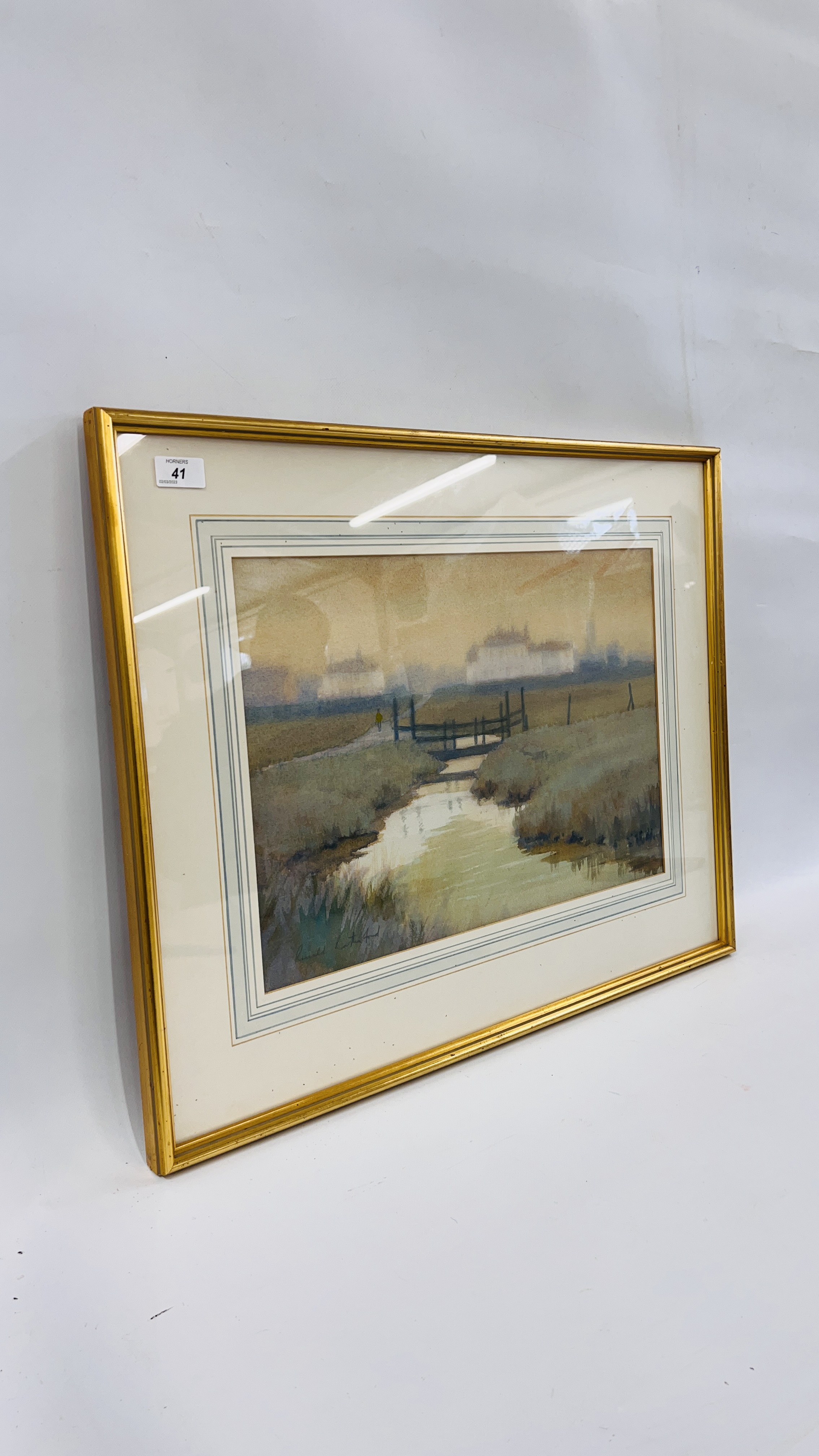 RONALD RUTHERFORD: ROAD TO HARBOUR IN SOUTHWOLD, WATERCOLOUR 34 X 48CM. - Image 4 of 4