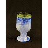 A MARBLED BLUE GOBLET WITH GREEN RIM,