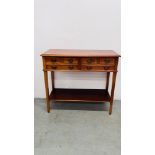 A REPRODUCTION CHERRYWOOD FINISH SIDE TABLE WITH SIX DRAWERS, W 82CM, D 35CM, H 75CM.