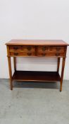 A REPRODUCTION CHERRYWOOD FINISH SIDE TABLE WITH SIX DRAWERS, W 82CM, D 35CM, H 75CM.