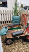 GARDEN WATER BUTT, 2 WHEELBARROWS, SACK BARROW AND VARIOUS CANES.