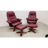 A PAIR OF RED LEATHER REVOLVING ARMCHAIRS WITH FOOTSTOOLS.