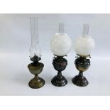 A GROUP OF 3 VINTAGE BRASS OIL LAMPS WITH CLEAR GLASS FUNNELS AND TWO WHITE GLASS SHADES