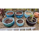 5 X LARGE GLAZED GARDEN PLANTERS OF BLUE,