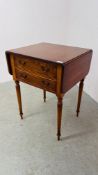 A REPRODUCTION YEW WOOD DROP LEAF OCCASIONAL TABLE WITH TWO FRIEZE DRAWERS.