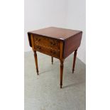 A REPRODUCTION YEW WOOD DROP LEAF OCCASIONAL TABLE WITH TWO FRIEZE DRAWERS.