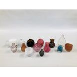 A COLLECTION OF ART GLASS STUDIO VASES ALONG WITH A WEDGEWOOD STYLE SQUAT MASCULINE TANKARD.