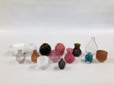 A COLLECTION OF ART GLASS STUDIO VASES ALONG WITH A WEDGEWOOD STYLE SQUAT MASCULINE TANKARD.