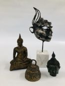 A GROUP OF HAND CRAFTED METALWARE PIECES TO INCLUDE A SEATED BUDDHA ALONG WITH A BUDDHA HEAD,