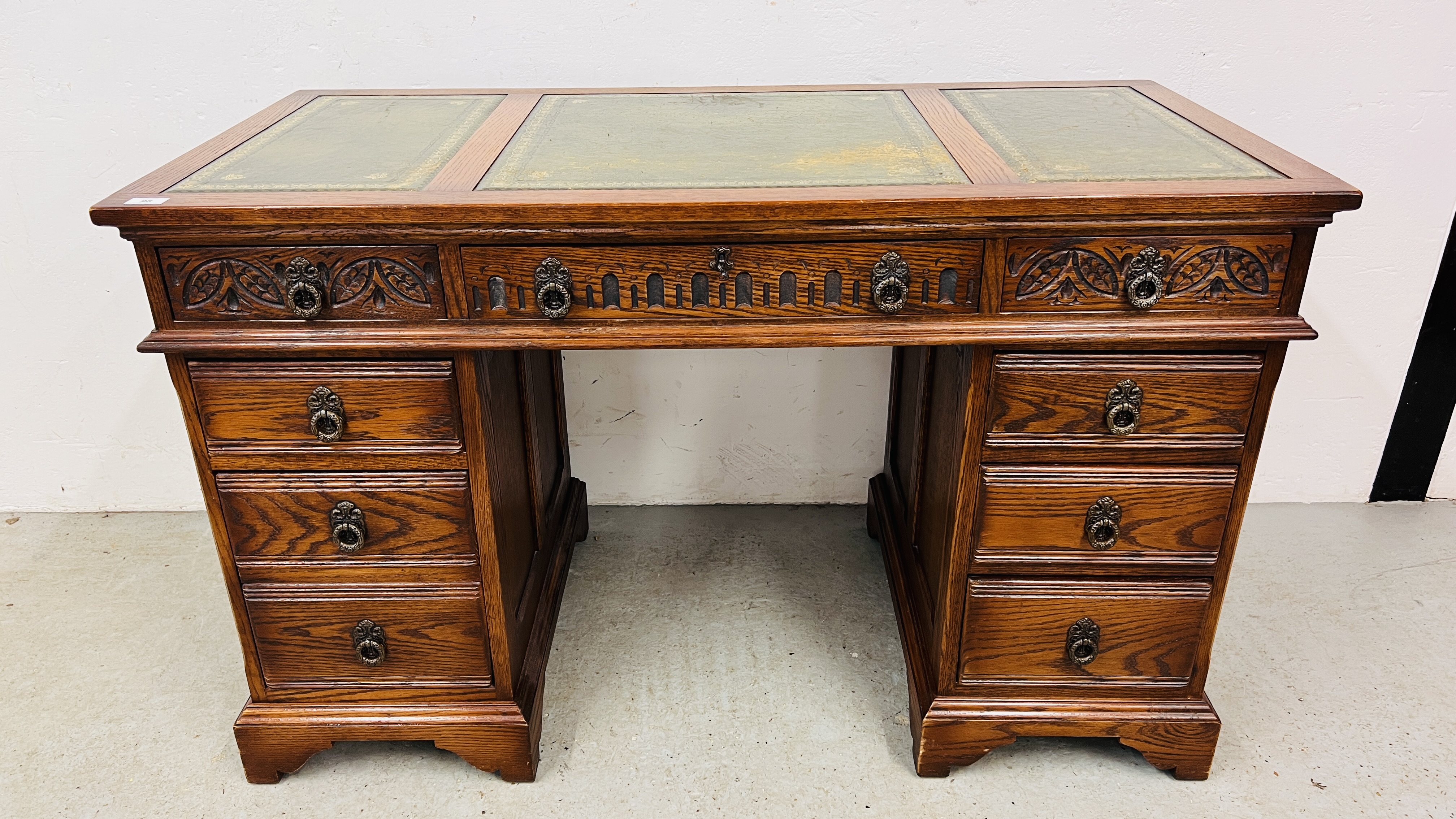 OLD CHARM TWIN PEDESTAL HOME OFFICE DESK WITH TOOLED LEATHER TOP - W 128CM. D 61CM.