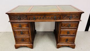 OLD CHARM TWIN PEDESTAL HOME OFFICE DESK WITH TOOLED LEATHER TOP - W 128CM. D 61CM.