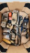 BOX OF VINTAGE TOOLS TO INCLUDE HARD BRACE, PLANES ETC. STANLEY NO. 200.