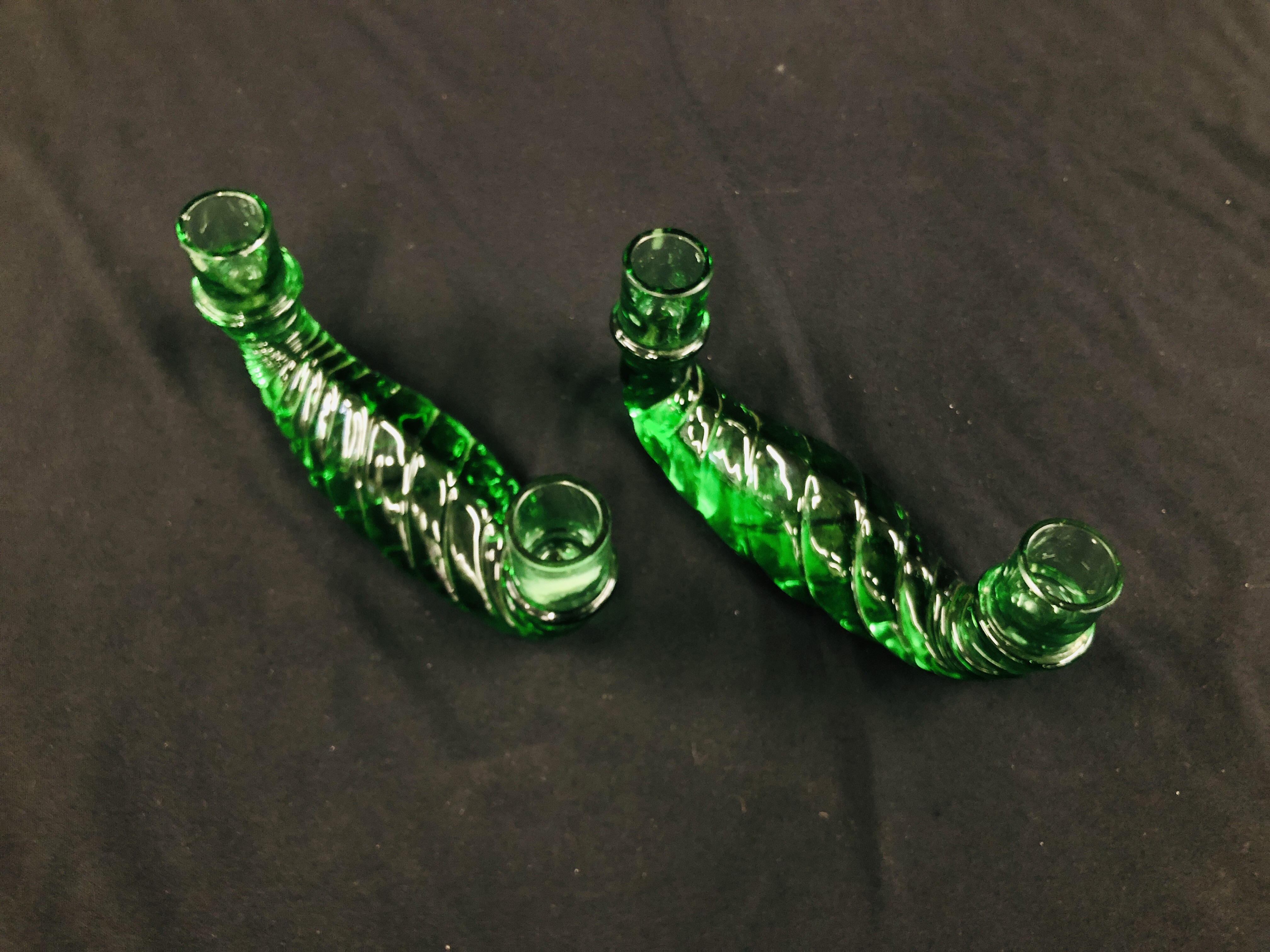 PAIR OF UNUSUAL GREEN GLASS DOUBLE ENDED CANDLE HOLDERS, NO VISIBLE MAKERS NAME L 16CM. - Image 2 of 4