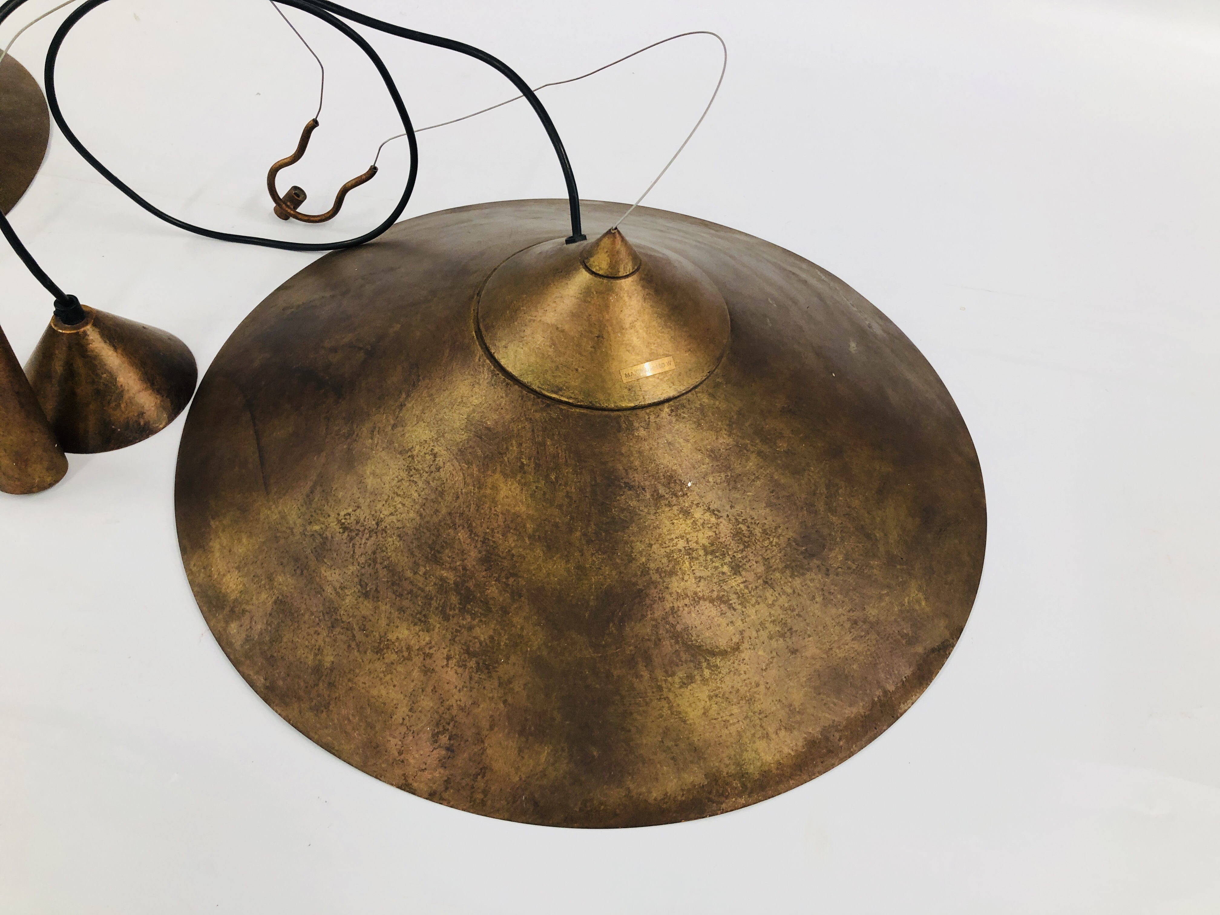 A PAIR OF BRONZE EFFECT CONE COUNTER BALANCED CEILING LIGHTS. - SOLD AS SEEN. - Image 2 of 5