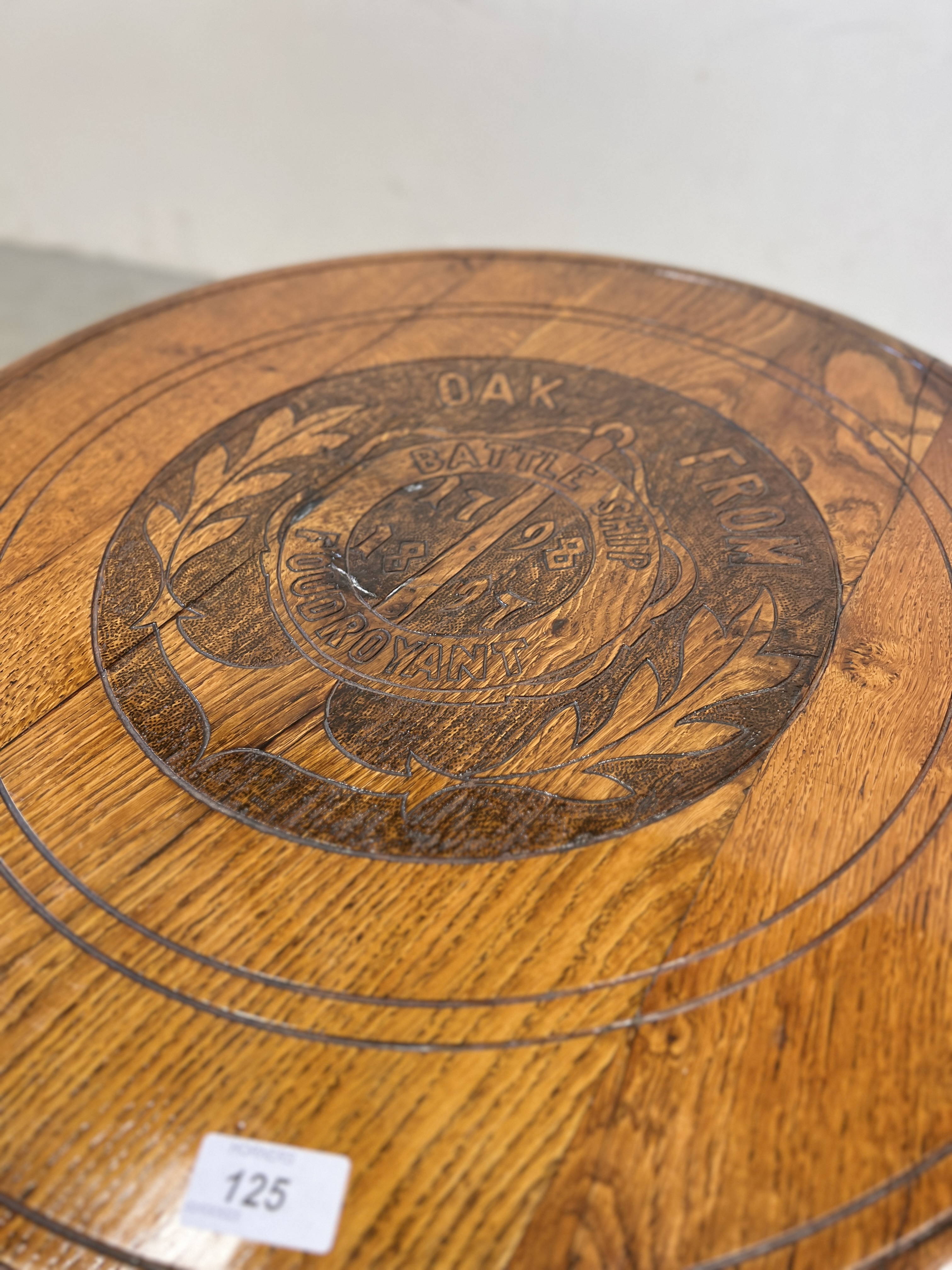 SOLID OAK OCCASIONAL TABLE MADE FROM FOUDROYANT BATTLESHIP WITH INSCRIPTION TO THE TOP AND TURNED - Image 4 of 7