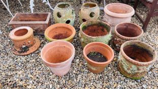 A GROUP OF 11 TERRACOTTA PLANTERS INCLUDING RECTANGULAR, VINTAGE ETC.