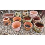 A GROUP OF 11 TERRACOTTA PLANTERS INCLUDING RECTANGULAR, VINTAGE ETC.