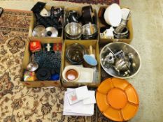 5 X BOXES OF KITCHENALIA TO INCLUDE A PAIR OF CAST PAN STANDS, STAINLESS KITCHEN PANS,
