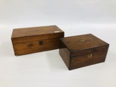 AN ANTIQUE MAHOGANY WRITING BOX ALONG WITH A MAHOGANY BOX WITH BRASS PLAQUE.