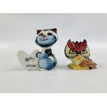 2 LORNA BAILEY ANIMALS INCLUDING WISE OWL H 9.5CM & ADVERTISING CAT H 13CM.