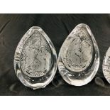 THREE ETCHED GLASS PAPERWEIGHTS WITH BIBLICAL SCENES AND A GLASS PAPERWEIGHT PAINTED WITH A