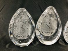 THREE ETCHED GLASS PAPERWEIGHTS WITH BIBLICAL SCENES AND A GLASS PAPERWEIGHT PAINTED WITH A