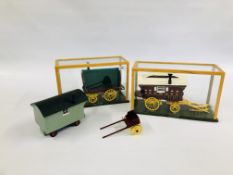 TWO WOODEN SCRATCH BUILT TRADITIONAL CARAVANS IN GLASS DISPLAY CASES ALONG WITH A FURTHER WOODEN