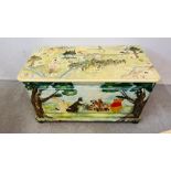 A SOLID PINE BLANKET BOX WITH HAND PAINTED POOH BEAR AND FRIENDS DECORATION CONTAINING BED LINEN,